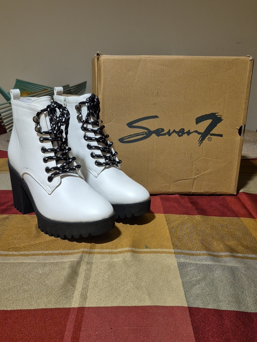 Seven7 White and Black Lace-Up Platform Ankle Boots